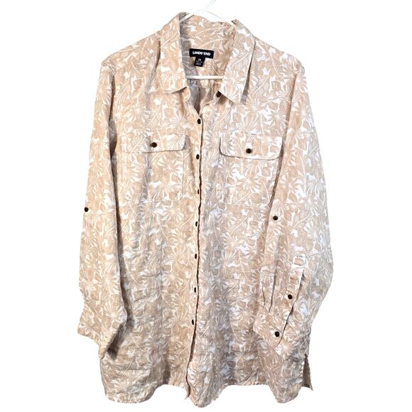 Lands End Blouse Women's 2X Tan White Linen Tropical Palm Coastal Summer Beachy - Picture 1 of 12